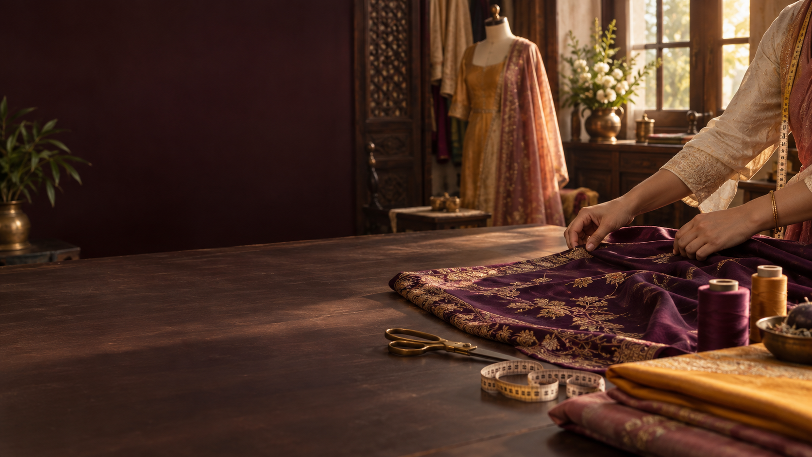 Tailoring hands arranging plum embroidered fabric on a worktable in a sunlit boutique.