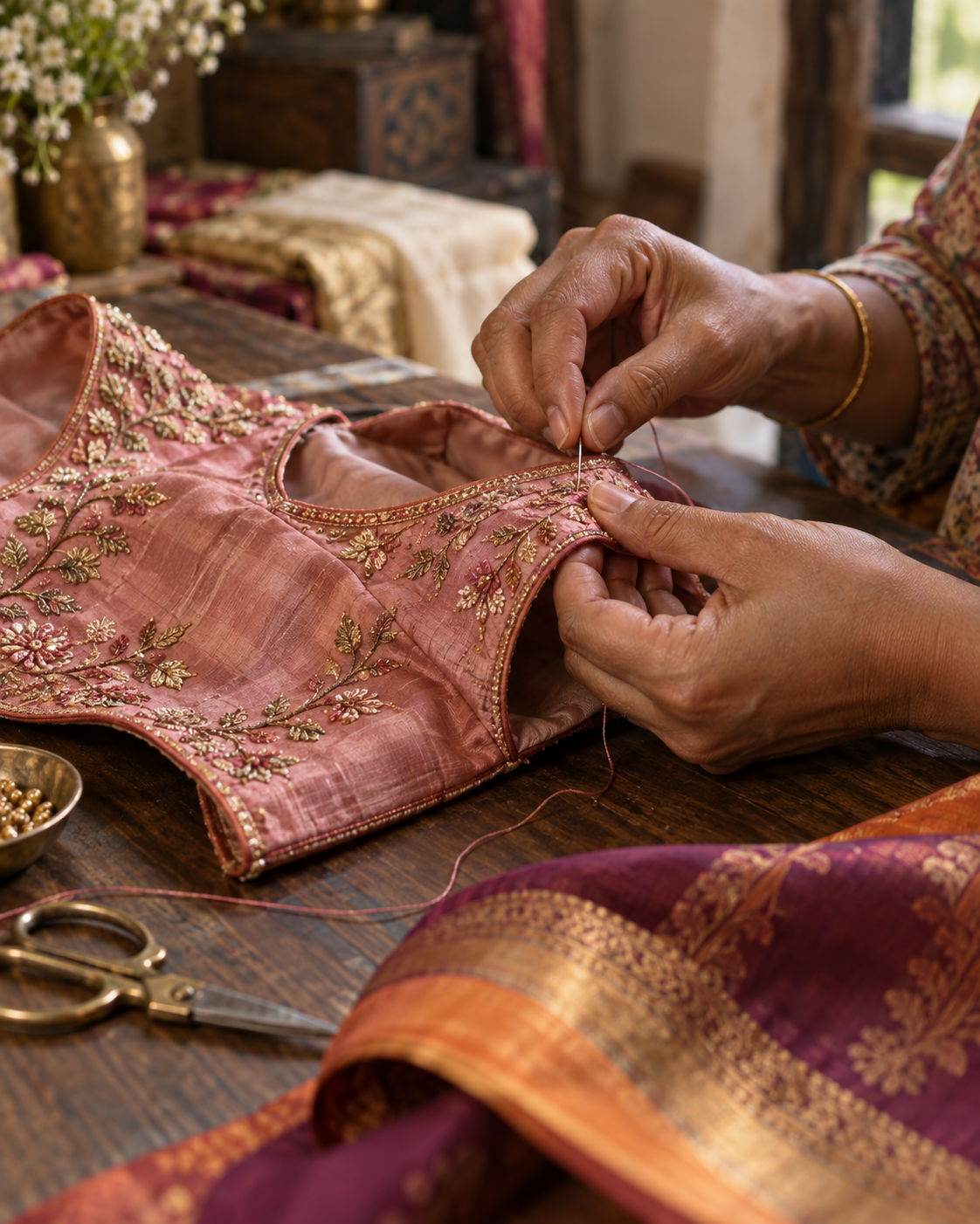 Hands carefully finishing an embroidered garment seam at a tailoring table.