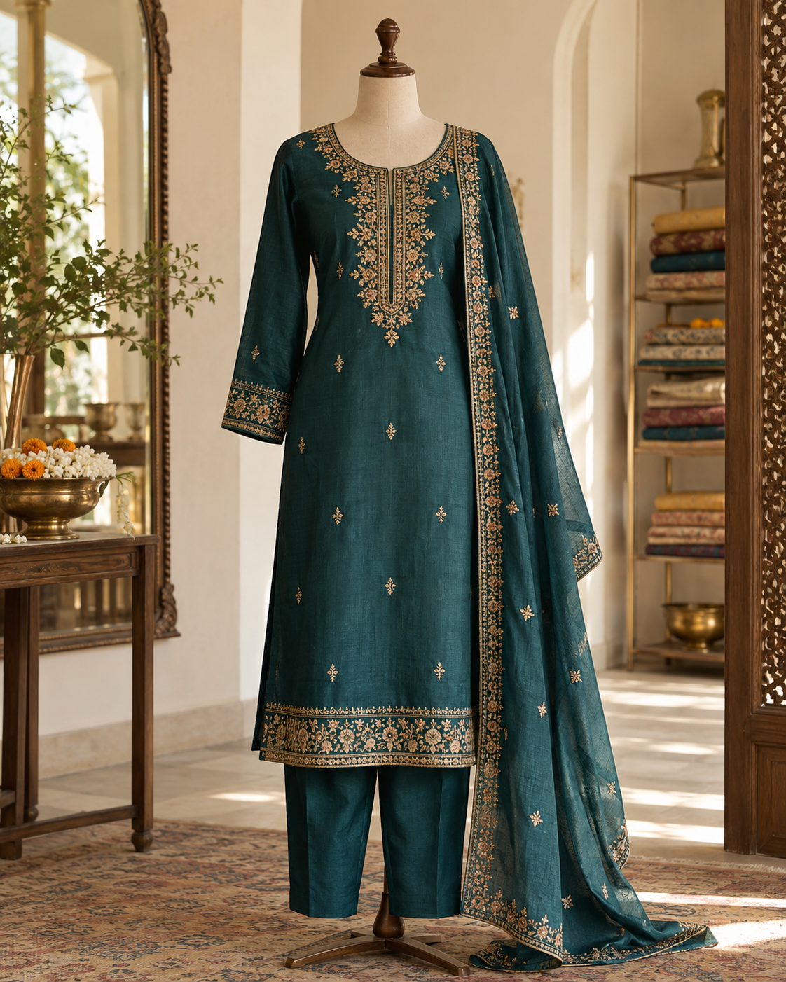 A deep teal embroidered salwar suit on a mannequin in a warm boutique atelier.